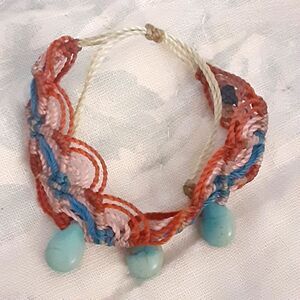 Hand crafted thread beaded bracelet adjustable tones blue salmon
